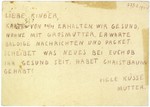 A postcard sent to Marcel and Jan Hajsky by their mother, Anna (Goldstein) Hajsky, from the Theresienstadt concentration camp.