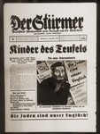 Front page of the Nazi publication, Der Stuermer, with an anti-Semitic caricature depicting world Jewry as a "new International."  The  caption under the caricature reads, "The international composition of Jewry demands an international defense front."

The headline reads, "Children of the Devil/The new international.