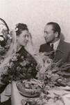 Portrait of a Jewish DP couple at their wedding celebration in the Zeilsheim displaced persons' camp.
