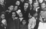 Children crowd together for a Hanukkah celebration in the Zeilsheim displaced persons' camp.