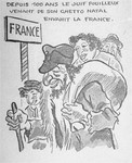 One of a series of cartoons from a French language, anti-Jewish pamphlet entitled, "The Canker Which Corroded France," published by the Institute for the Study of Jewish Questions in Paris.
