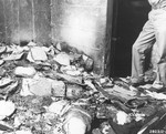 Documents, pamphlets, and books burnt by the Gestapo in the basement of the former Gestapo headquarters, located in a building on Via Tasso.