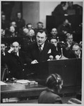 Chief American prosecutor Justice Robert Jackson delivers the opening speech of the American prosecution at the International Military Tribunal trial of war criminals at Nuremberg.