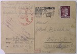 Postcard written by Salo Blechner in the Auschwitz-Monowitz concentration camp to his brother Jakob in Zurich, thanking him for sending parcels.