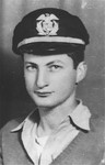 Portrait of Bernard Marks, a crew member of the President Warfield/Exodus 1947, wearing his merchant marine officer's cap.