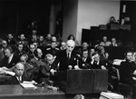Chief French prosecutor Auguste Champetier de Ribes speaks at the International Military Tribunal trial of war criminals at Nuremberg.