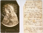 Two sides of a devotional card bearing the image of the Black Madonna of Czestochowa given to Lodzia Hamersztajn by Irena Adamowicz, a Polish woman closely associated with the Jewish underground.