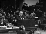 U.S. executive trial counsel Thomas J. Dodd speaks at the International Military Tribunal trial of war criminals at Nuremberg.