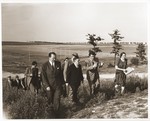 During an official visit to Lidice UNRRA Director General Fiorello La Guardia visits the site of the Nazi massacre of Czech civilians which was perpetrated in June 1942 in retaliation for the assassination of Reinhard Heydrich, then Reichsprotektor of the Protectorate of Bohemia and Moravia.