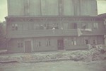 View of a wooden building in the Lodz ghetto.