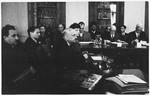 Chaim Weitzmann testifies at a hearing conducted by the Anglo-American Committee of Inquiry on Palestine at the YMCA building in Jerusalem.