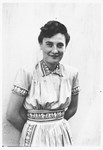 Portrait of a young Jewish woman in Bilki.

Pictured is Irene (Mermelstein) Hartman during a visit to her cousins in Bilki.