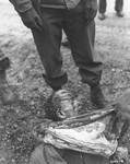 Members of the 97th Infantry Division, investigating war crimes, examin an exhumed body of a concentration camp prisoners who were killed by the SS while on a death march from Flossenbuerg.