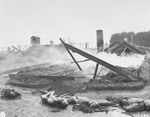 The bodies of slain Jewish slave laborers lie in the street in front of the smoldering ruins of a barracks that was razed by the SS during the evacuation of Hurlach.
