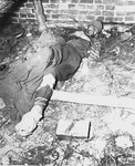 The body of a prisoner who died in a barracks in the Woebbelin concentration camp just before the camp's liberation.