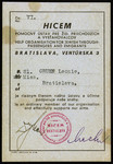 Identification card issued to Leonie Gruen stating she is a member of HICEM, the help organization for Jewish through-passengers and emigrants in Bratislava.