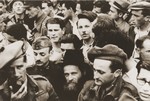 A crowd of Jewish DPs stand behind British soldiers at a ceremony or demonstration in the Bergen-Belsen displaced persons camp.