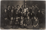 Portrait of a group of young women in a gymnasium class in or near Sanok.