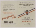 Membership card issued to Werner Neuberger by the National Federation of Deported and Interned Patriots in which it is recorded that  Werner Neuberger was deported to Aurigny on April 1, 1944.