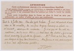 Letter written by B. Warschauer at the Chabannes children's home to Norbert Bikales in Paris on a pre-printed postcard that includes censorship regulations.