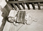 Infant Nikolai Hurstowa with a name card intended to help any of his surviving family members locate him at the Kloster Indersdorf DP camp.