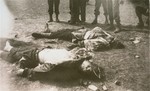 The bodies of SS guards killed in Ohrdruf by survivors.