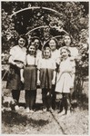 Group portrait of Jewish refugee children, who had been released from French internment camps, at the OSE [Oeuvre de secours aux enfants] home for religious girls at Le Couret.