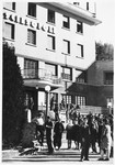 Jewish youth gather outside the entrace to the Selvino Youth Aliyah children's home.