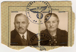 Identification photographs attached to a travel permit (Reisepass) issued to Siegmund and Recha Simon, grandparents of Steven Simon, when they left Germany for France in March 1939.