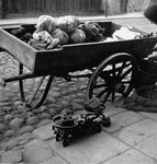 A woman in the Warsaw ghetto offering vegetables and kindling for sale on the street hacks apart lumps of coal with a hatchet.