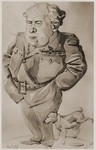 Caricature of  an UNNRA official by a non-Jewish Lithuanian DP artist, Pencyca.