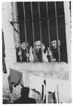 Three men look out from behind bars at the Bayonne camp in Sosua.