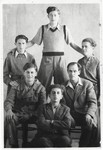 Group portrait of six young Jewish survivors who were recruited by the Bricha in Budapest to serve at the Szengothard crossing on the Hungarian-Austrian border.