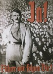 Nazi propaganda poster of Adolf Hitler standing before a saluting crowd.