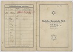 Membership card in the Jewish community in Fuerth issued to Noach Miedzinski, his wife and two children.