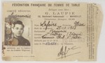 False membership card in the French ping pong federation that belonged to Leo Bretholz, an Austrian Jew living in hiding in France under the name of Max Lefevre.
