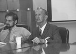 Polish underground courier Jan Karski (right) gives a guest lecture at a U.S.
