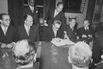 Israeli Foreign Minister Moshe Sharett signs the Reparations Agreement between the German Federal Republic, the State of Israel, and the Conference on Jewish Material Claims.