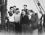 Former crew of the Pan Crescent and Pan York, many of whom had also been on the crew of The Exodus, sail from Cyprus to Caesaria on board the Nesher.