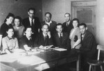 Teachers of the Szczecin Peretz Yiddish School.

Those pictured include Genia Kac-Storch (second from the left) and Lev Tenenbaum (second from the right).
