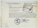 A communiciation dated May 25, 1943 from Eggemann, chief of the Reich Youth office, eastern command in Berlin to Eggert, head of the Volkswagen factory in Braunschweig, requesting that the youth, Josef Perjell (Solly Perel), who has registered at the Hitler Youth District Office Estland in Reval for training, be assigned a residence and technical apprenticeship at the Volkswagen factory.