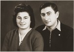 Studio portrait of two young Jewish DPs in the New Palestine displaced persons camp near Salzburg.
