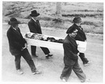 German civilians from Neunburg carry a body found in a nearby forest to the town cemetery for proper burial.