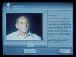 Wexner Learning Center computer monitor displaying an oral history interview with survivor Michael (Miso) Vogel.