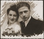 Wedding portrait of Hinda Chilewicz and Welek Luksenburg in the Weiden displaced persons' camp.