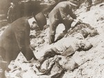 German civilians identify the bodies of 71 political prisoners exhumed from a mass grave on Wenzelnberg near Solingen-Ohligs.