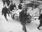 Survivors pull a cart loaded with dead bodies along a road in the newly liberated Ebensee concentration camp.