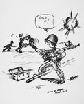 Cartoon by David W. Meyer depicting a U.S. combat photographer taking pictures in the field during World War II.