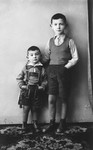 Studio portrait of two Jewish children.

Pictured are Marcel (left) and his older brother, Dov Koller (right), taken in Vienna while on a visit to their mother's family.