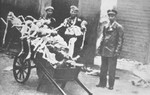 The bodies of emaciated children are piled in a cart before being taken out for burial.